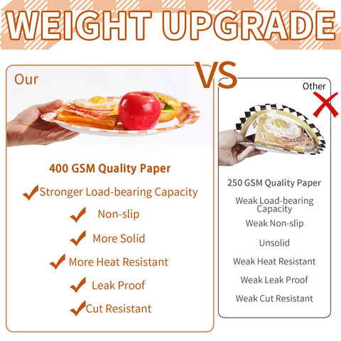50Pcs Orange and White Plaid Oval Paper Plates - Grencian