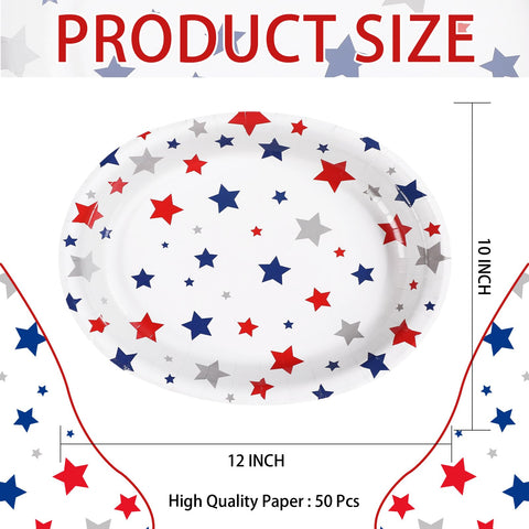 50Pcs Patriotic Star Oval Paper Plates - Grencian