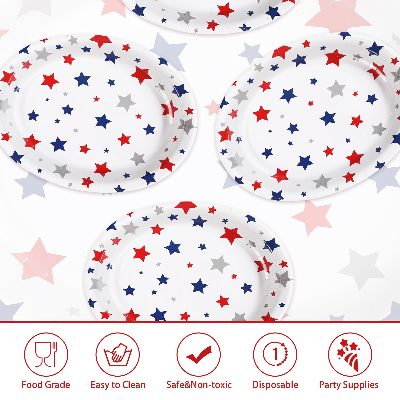 50Pcs Patriotic Star Oval Paper Plates - Grencian