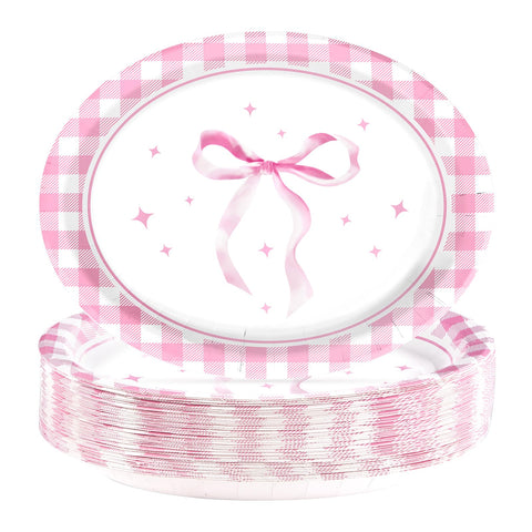 50Pcs Pink Bow Oval Paper Plates - Grencian