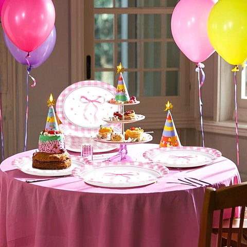 50Pcs Pink Bow Oval Paper Plates - Grencian