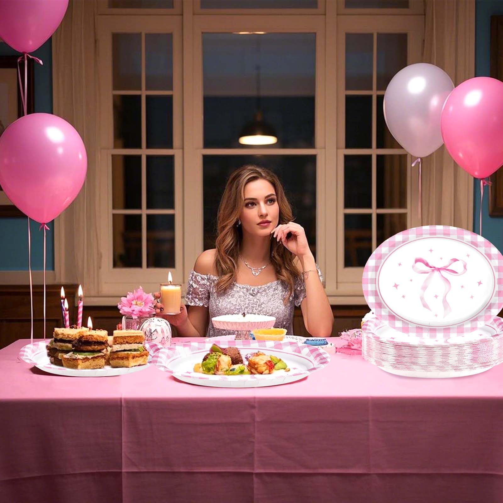 50Pcs Pink Bow Oval Paper Plates - Grencian