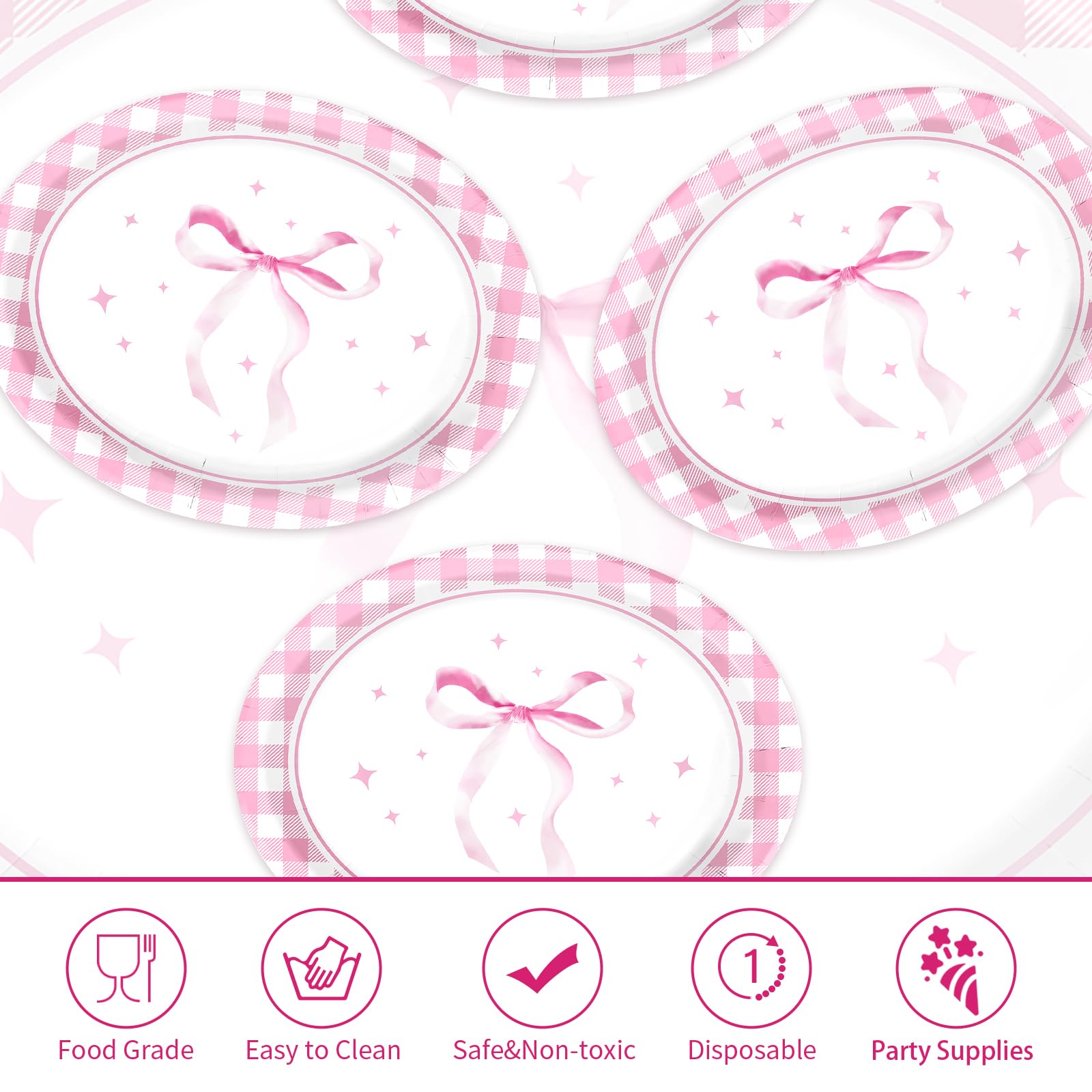 50Pcs Pink Bow Oval Paper Plates - Grencian