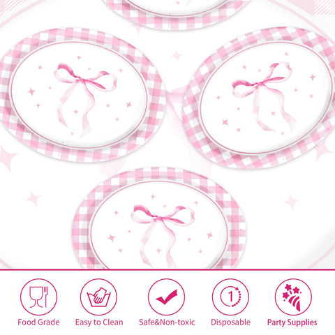 50Pcs Pink Bow Oval Paper Plates - Grencian