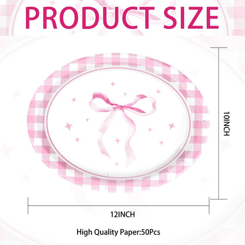 50Pcs Pink Bow Oval Paper Plates - Grencian