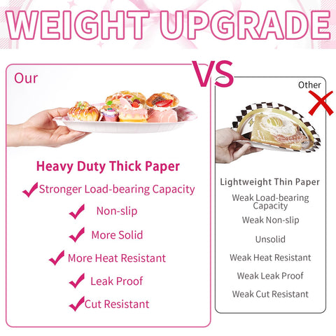 50Pcs Pink Bow Oval Paper Plates - Grencian