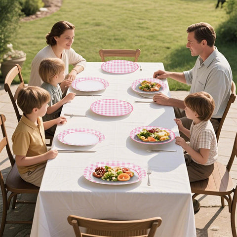 50Pcs Pink Gingham Oval Paper Plates - Grencian