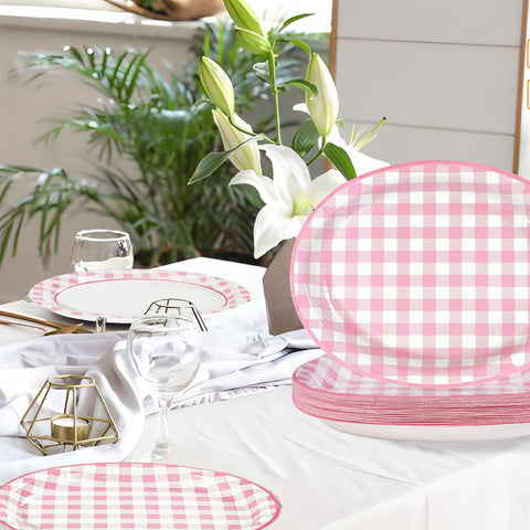 50Pcs Pink Gingham Oval Paper Plates - Grencian