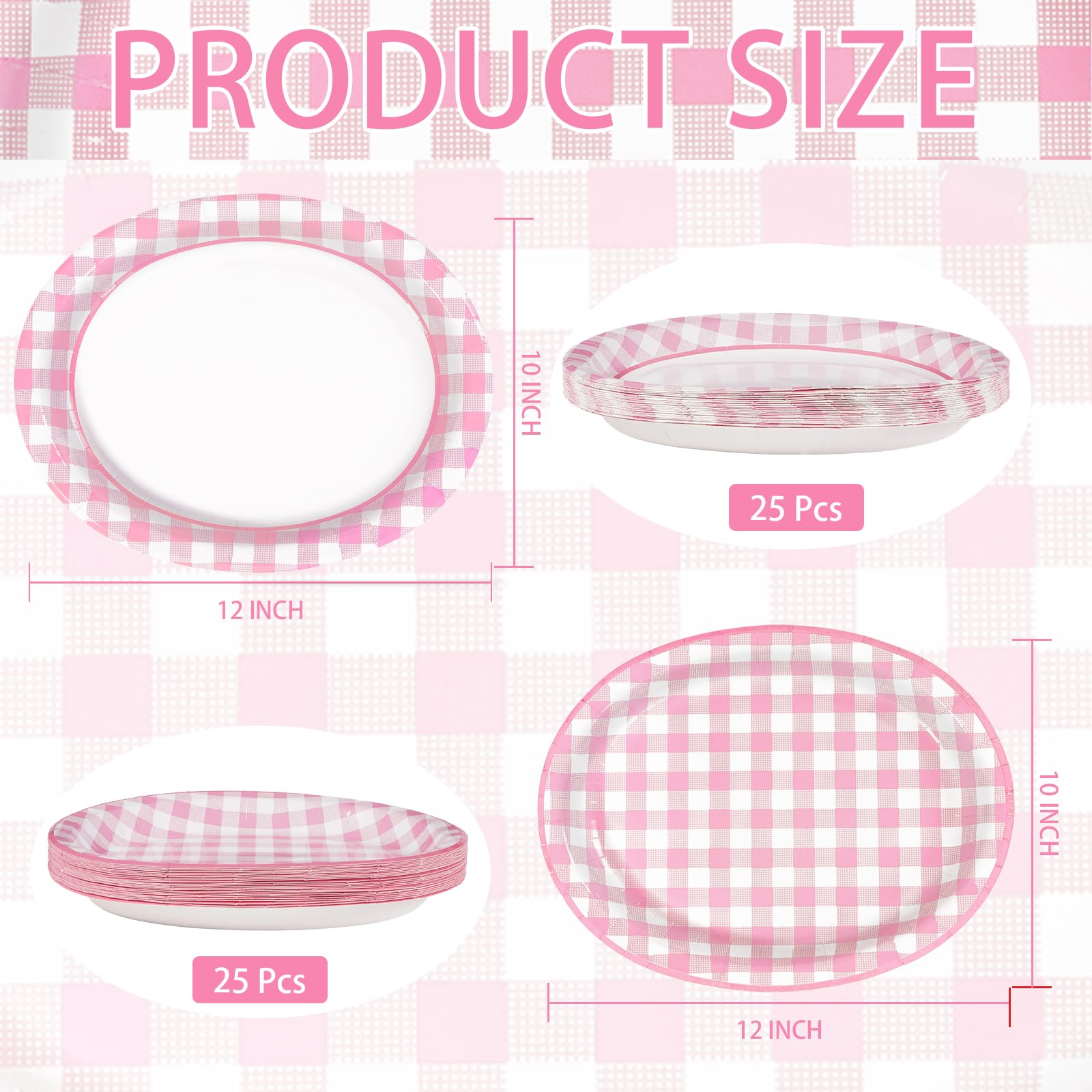 50Pcs Pink Gingham Oval Paper Plates - Grencian