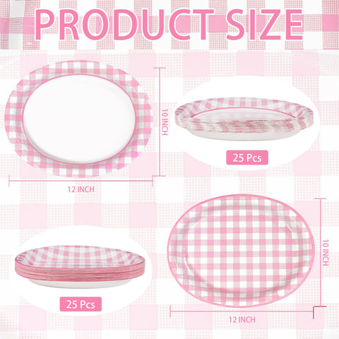50Pcs Pink Gingham Oval Paper Plates - Grencian