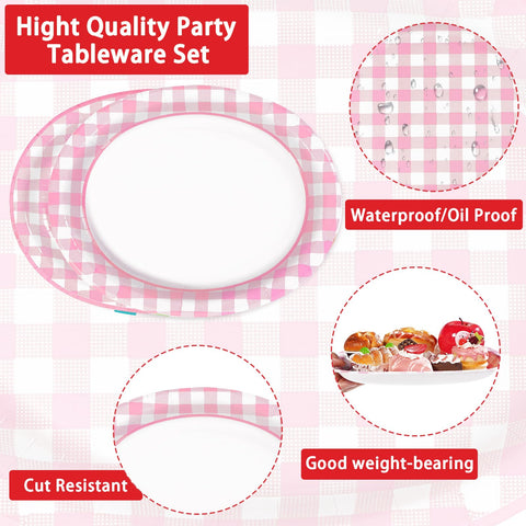 50Pcs Pink Gingham Oval Paper Plates - Grencian