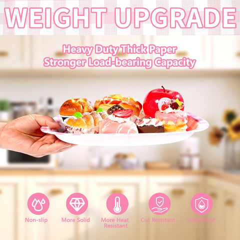 50Pcs Pink Gingham Oval Paper Plates - Grencian