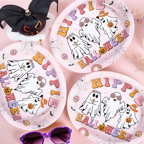 50Pcs Pink Halloween Oval Paper Plates - Grencian