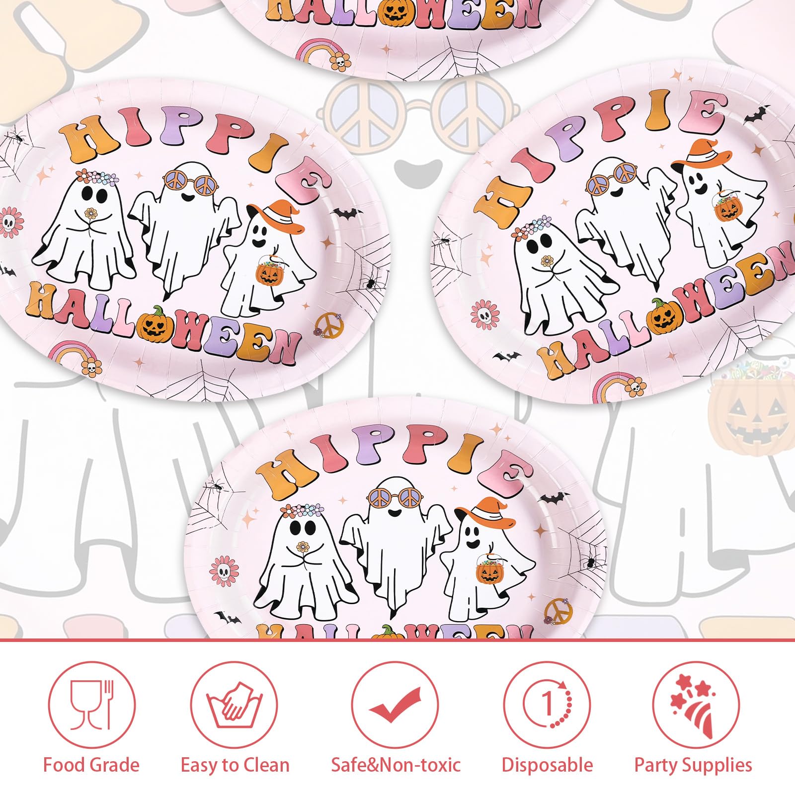 50Pcs Pink Halloween Oval Paper Plates - Grencian