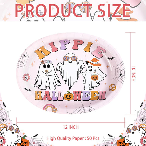 50Pcs Pink Halloween Oval Paper Plates - Grencian