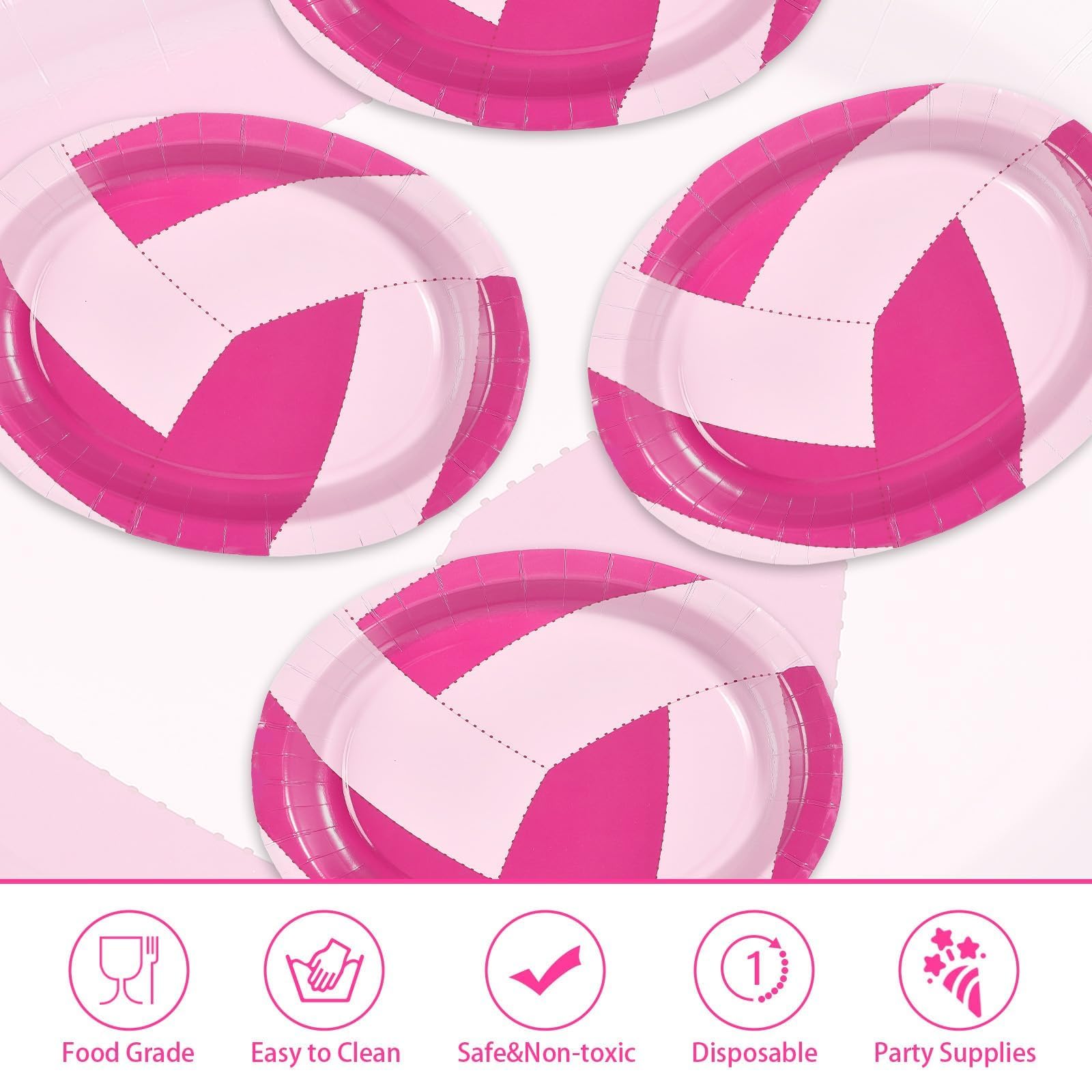 50Pcs Pink Volleyball Oval Paper Plates - Grencian