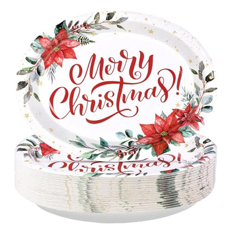 50Pcs Poinsettia Flower Oval Paper Plates - Grencian
