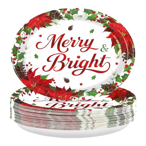 50Pcs Poinsettia Holly Oval Paper Plates - Grencian