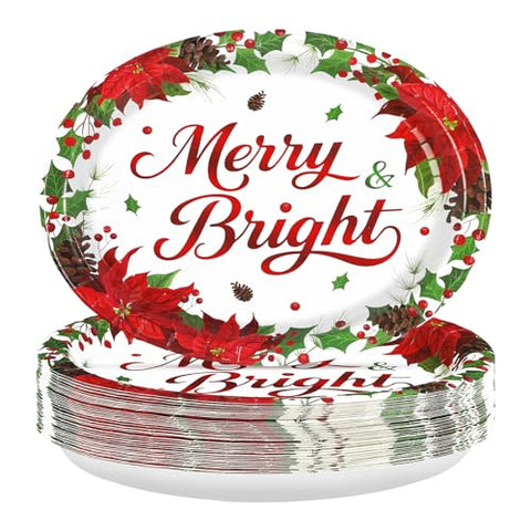 50Pcs Poinsettia Holly Oval Paper Plates - Grencian
