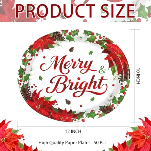 50Pcs Poinsettia Holly Oval Paper Plates - Grencian