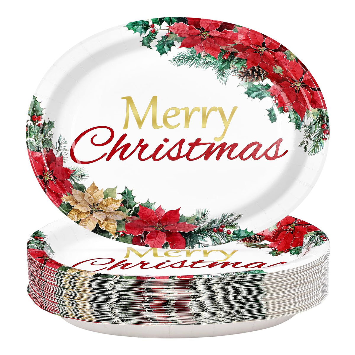 50Pcs Poinsettia Oval Paper Plates - Grencian