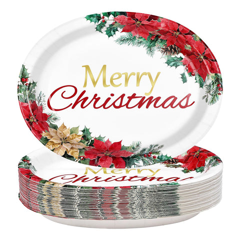 50Pcs Poinsettia Oval Paper Plates - Grencian