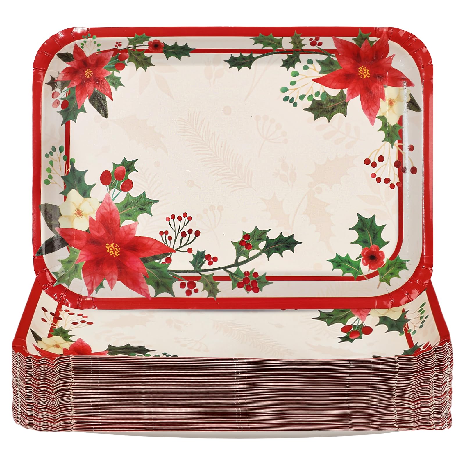 50Pcs Poinsettia Rectangular Paper Platters - Grencian