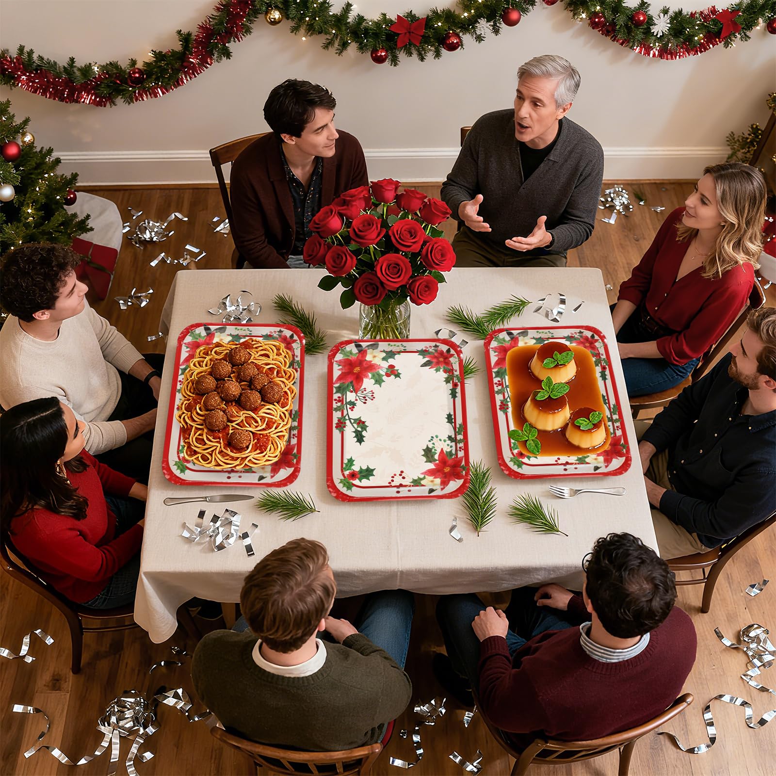 50Pcs Poinsettia Rectangular Paper Platters - Grencian