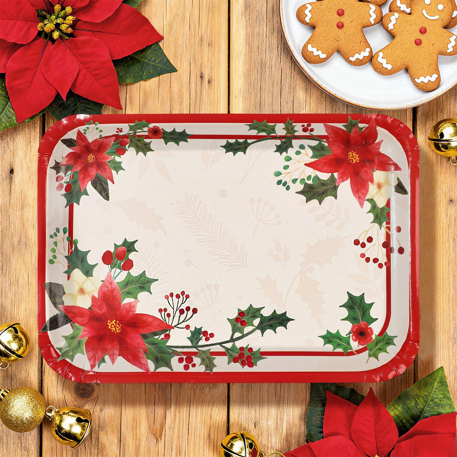 50Pcs Poinsettia Rectangular Paper Platters - Grencian
