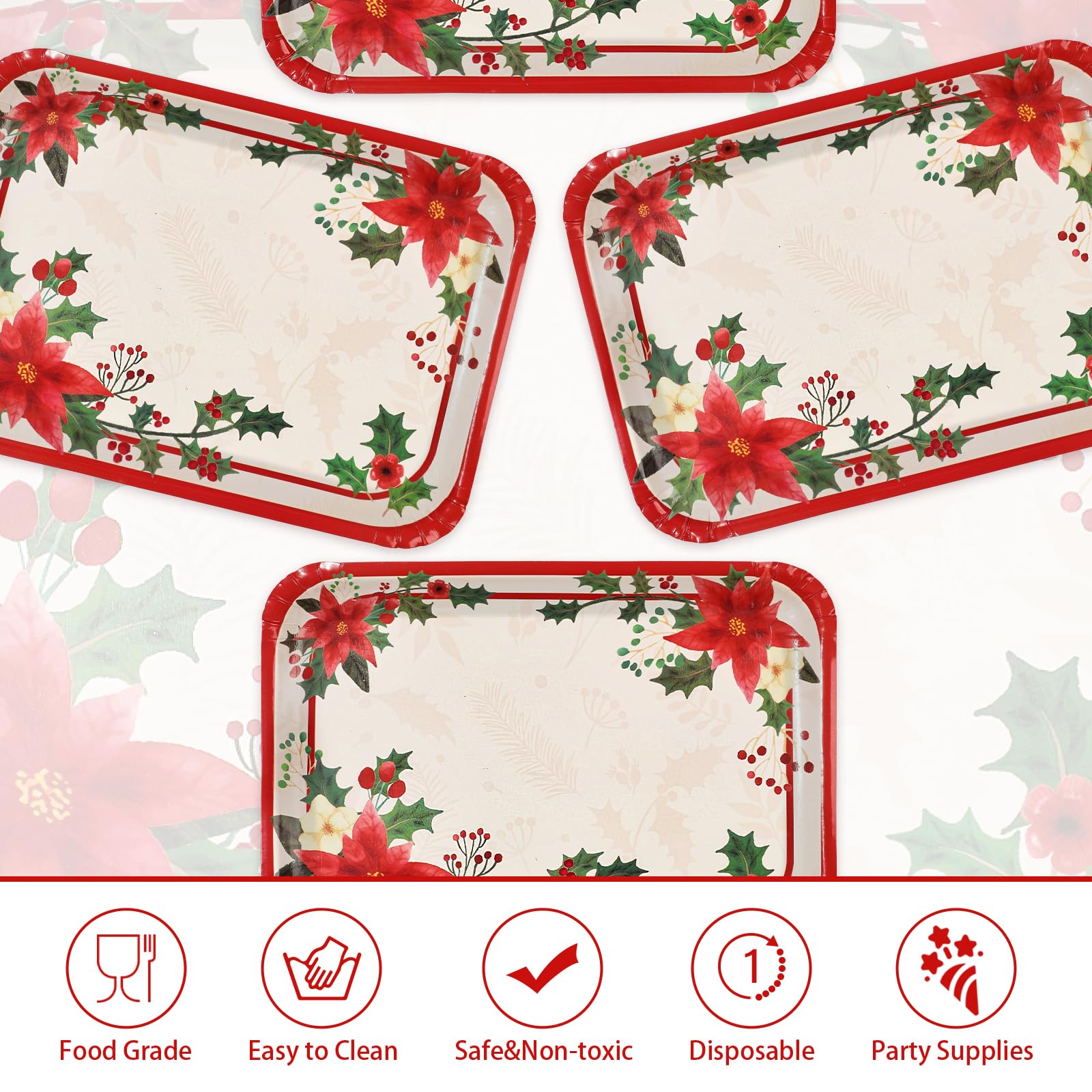 50Pcs Poinsettia Rectangular Paper Platters - Grencian