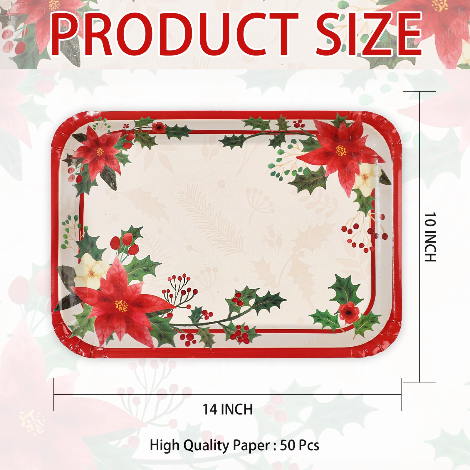 50Pcs Poinsettia Rectangular Paper Platters - Grencian