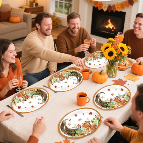 50Pcs Pumpkin Cornucopia Oval Paper Plates - Grencian