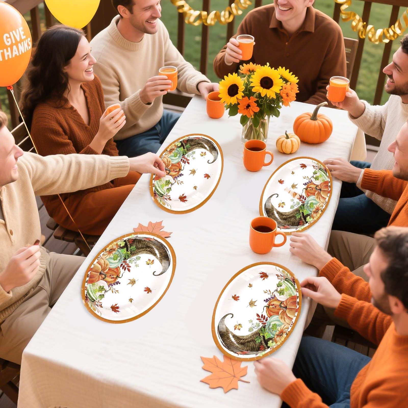 50Pcs Pumpkin Cornucopia Oval Paper Plates - Grencian