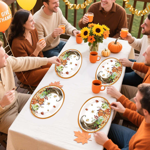 50Pcs Pumpkin Cornucopia Oval Paper Plates - Grencian