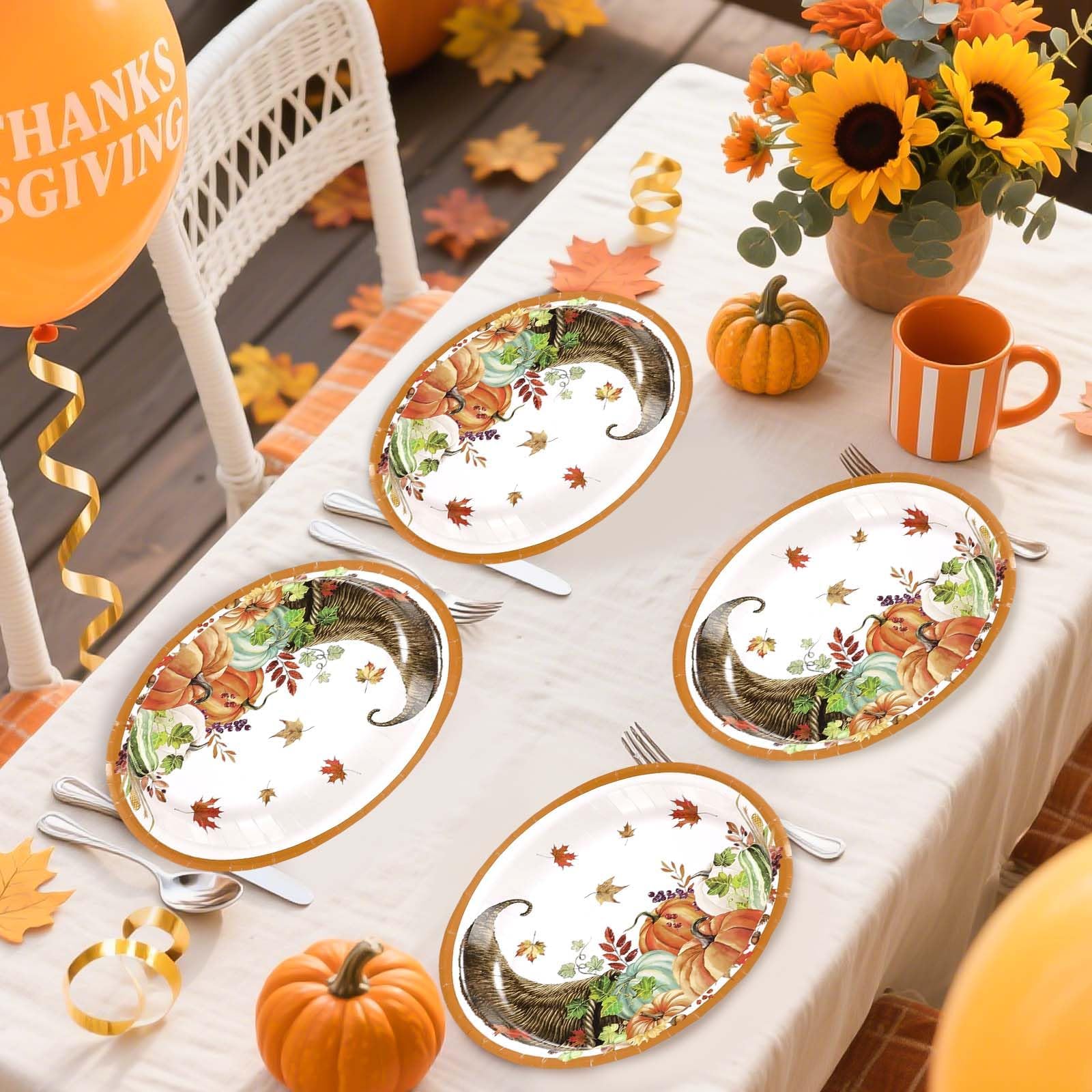 50Pcs Pumpkin Cornucopia Oval Paper Plates - Grencian