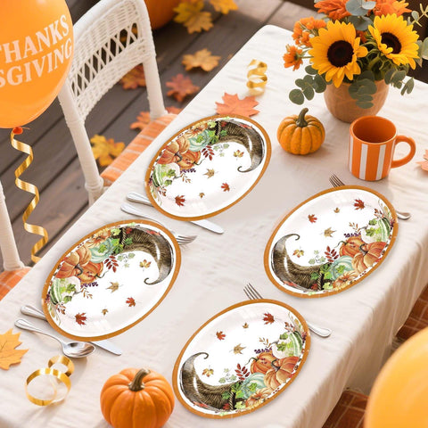 50Pcs Pumpkin Cornucopia Oval Paper Plates - Grencian