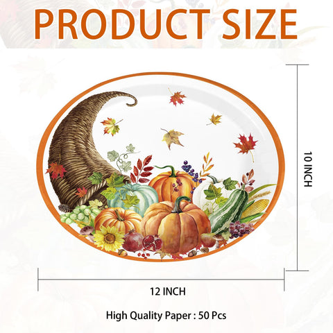50Pcs Pumpkin Cornucopia Oval Paper Plates - Grencian