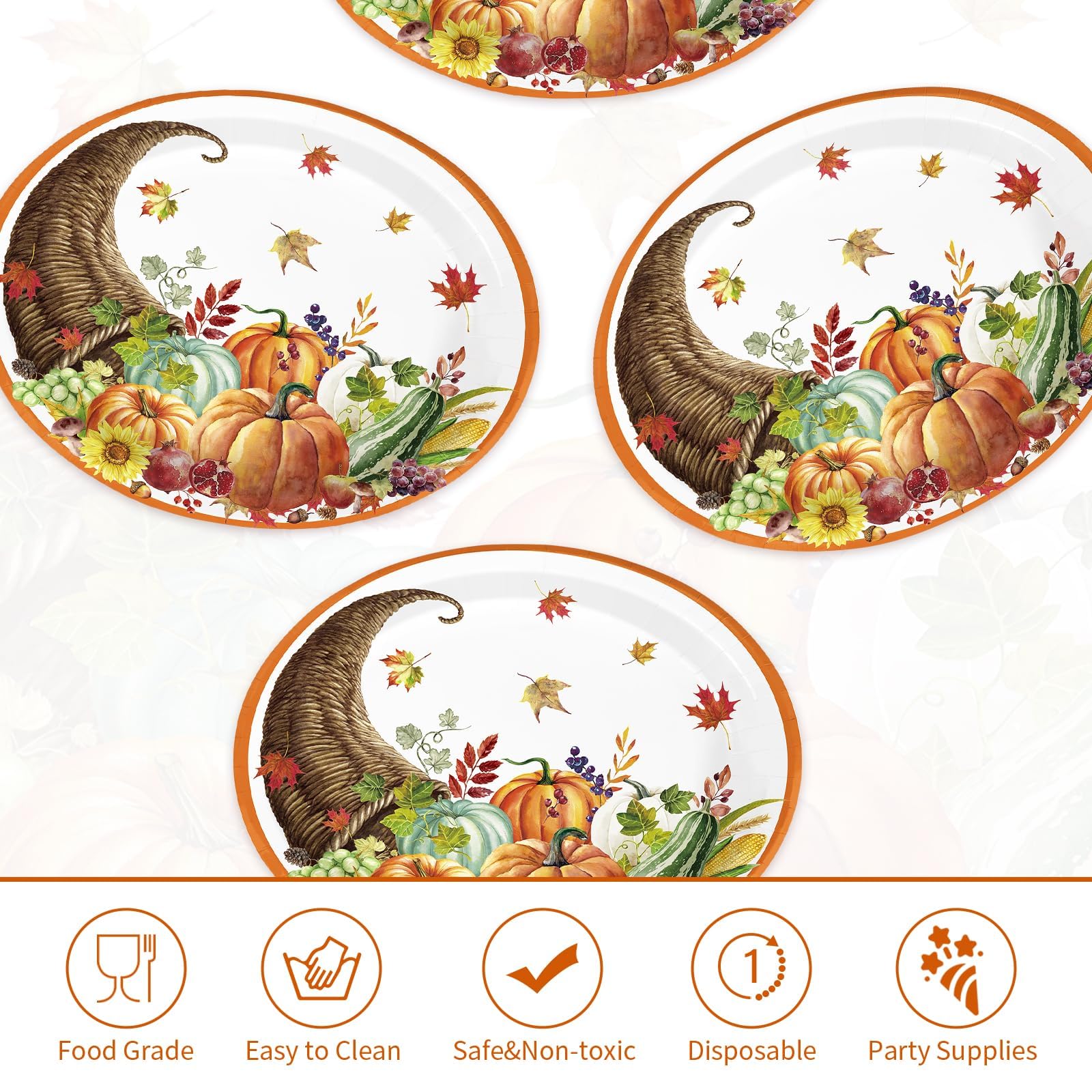 50Pcs Pumpkin Cornucopia Oval Paper Plates - Grencian