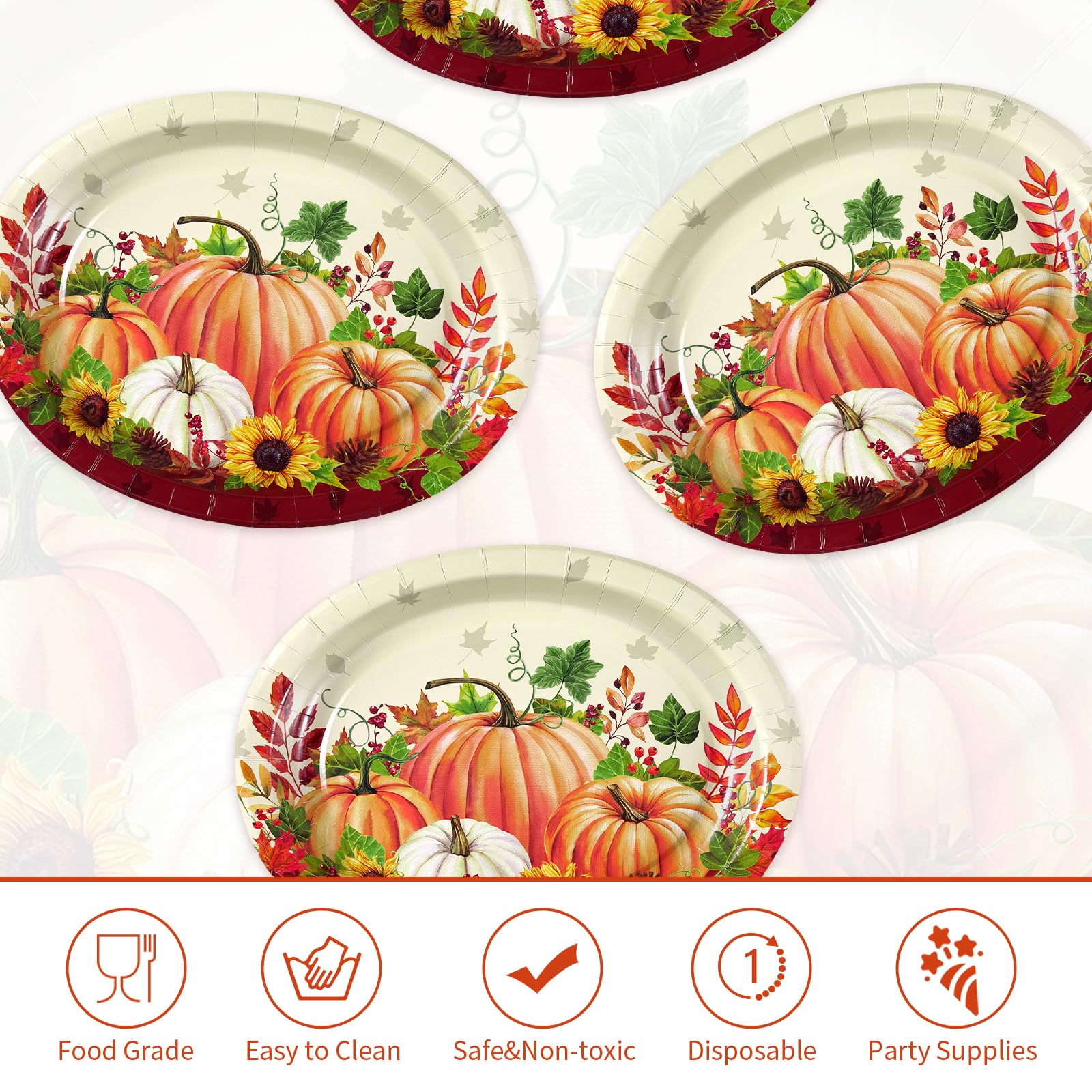 50Pcs Pumpkin Sunflower Oval Paper Plates - Grencian