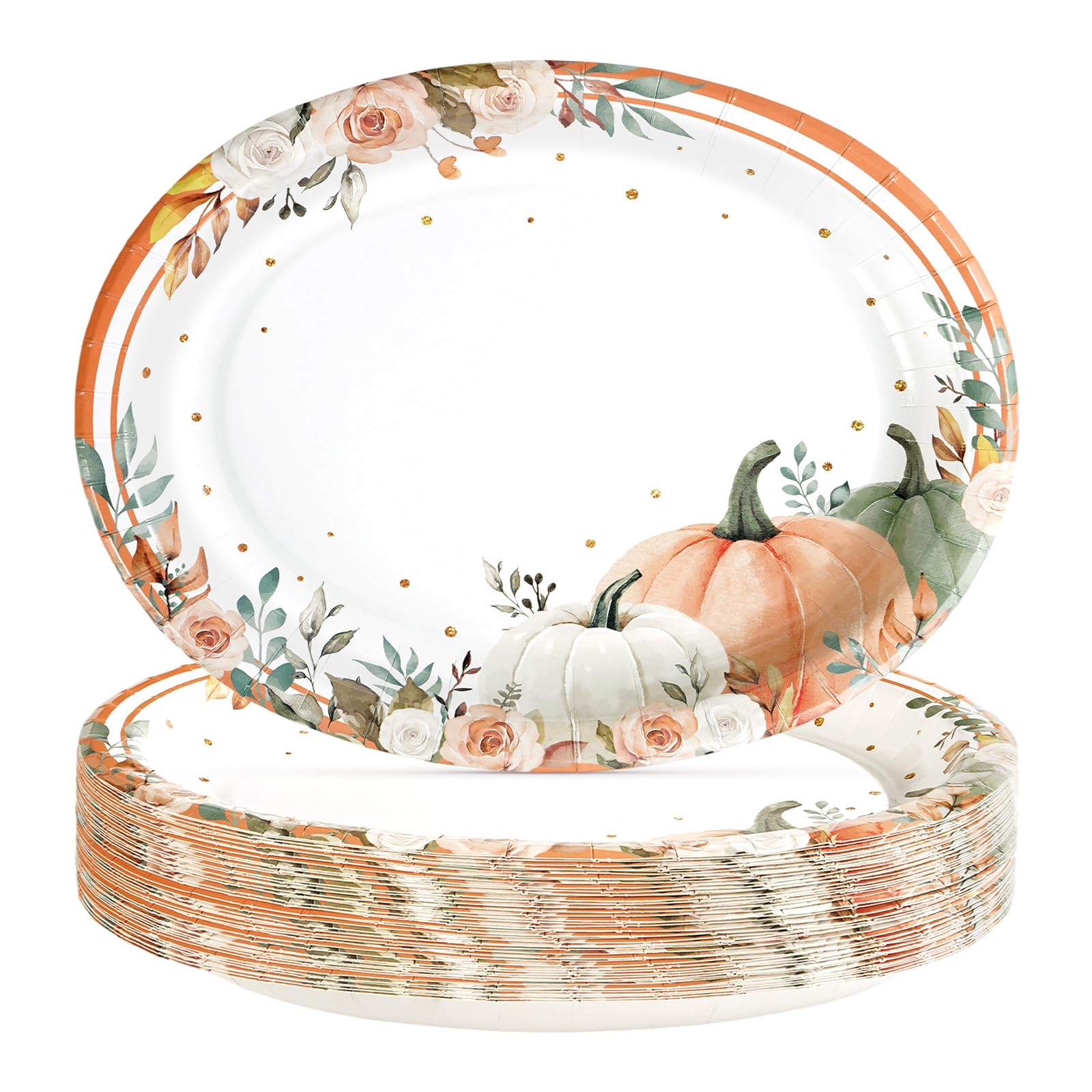 50Pcs Pumpkin and Flower Plaid Oval Paper Plates - Grencian