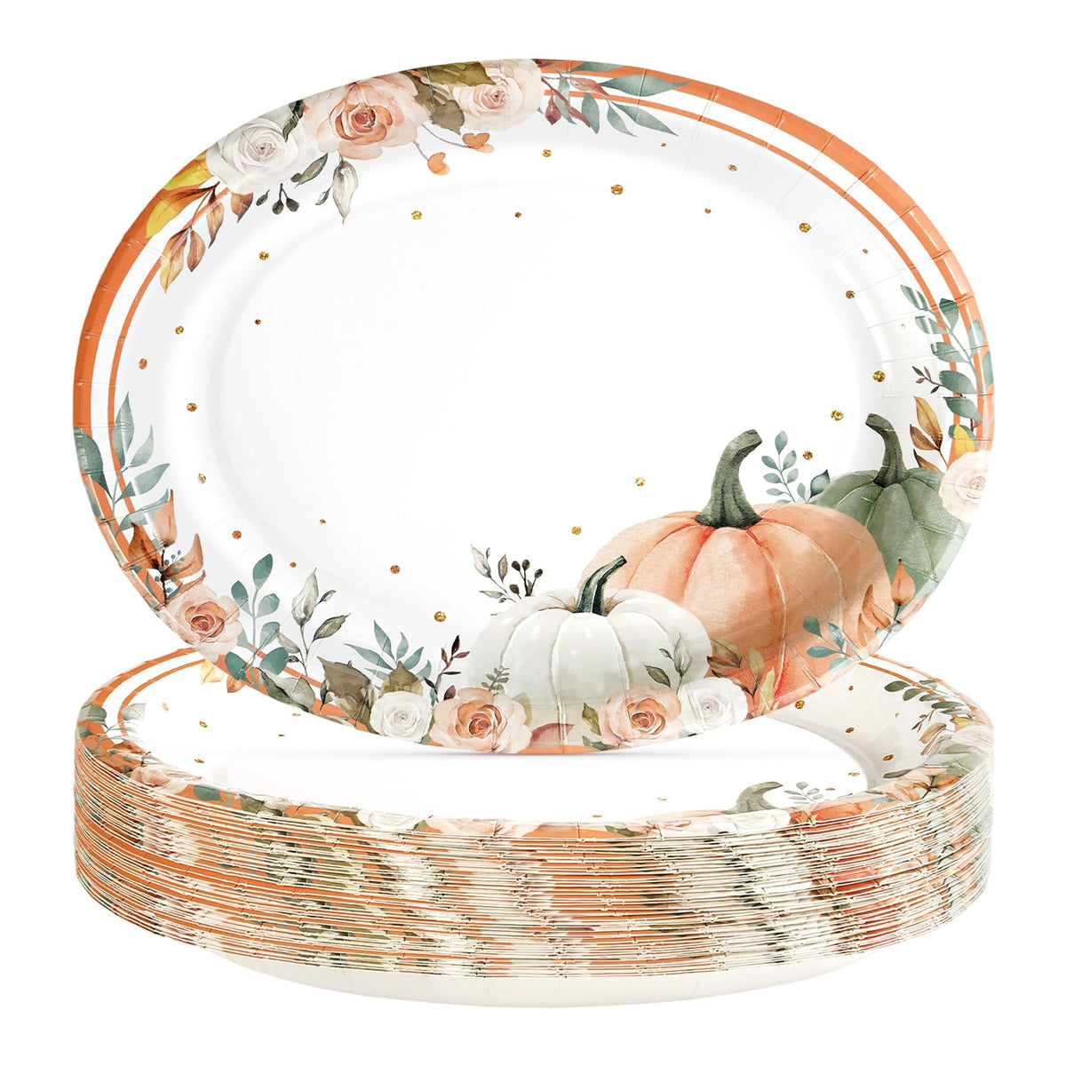 50Pcs Pumpkin and Flower Plaid Oval Paper Plates - Grencian