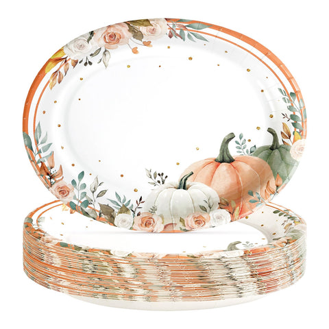 50Pcs Pumpkin and Flower Plaid Oval Paper Plates - Grencian