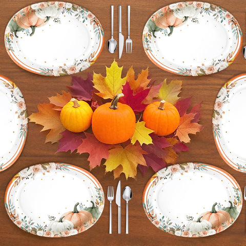 50Pcs Pumpkin and Flower Plaid Oval Paper Plates - Grencian