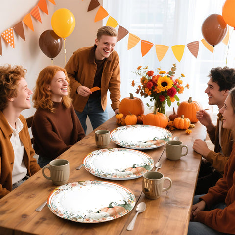 50Pcs Pumpkin and Flower Plaid Oval Paper Plates - Grencian