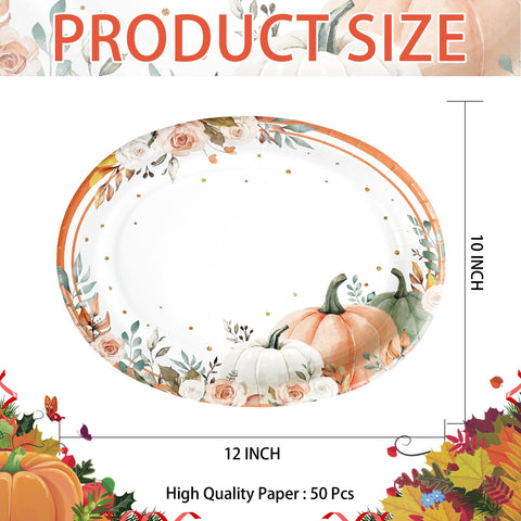 50Pcs Pumpkin and Flower Plaid Oval Paper Plates - Grencian
