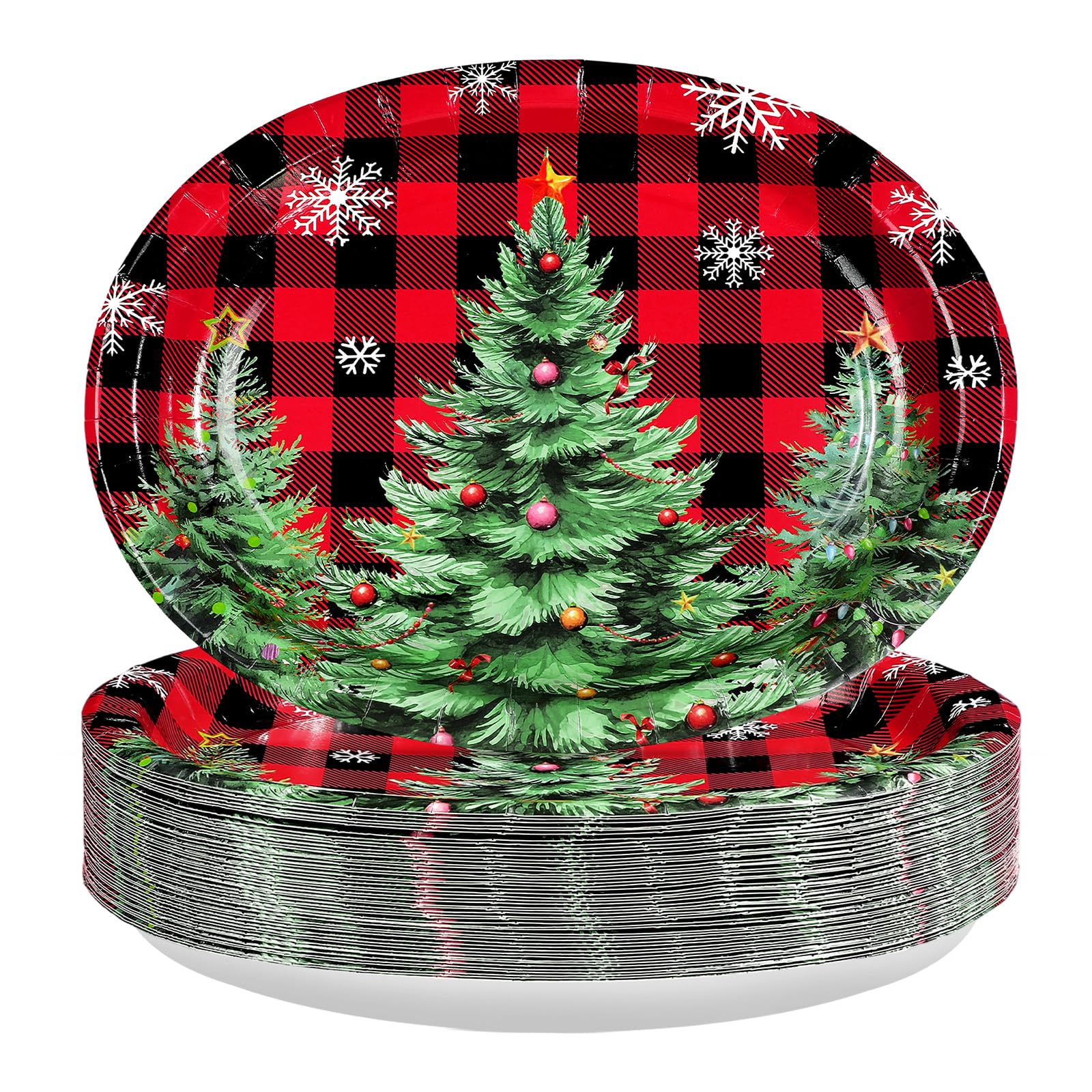 50Pcs Red Black Plaid Xmas Tree Oval Paper Plates - Grencian