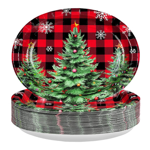 50Pcs Red Black Plaid Xmas Tree Oval Paper Plates - Grencian
