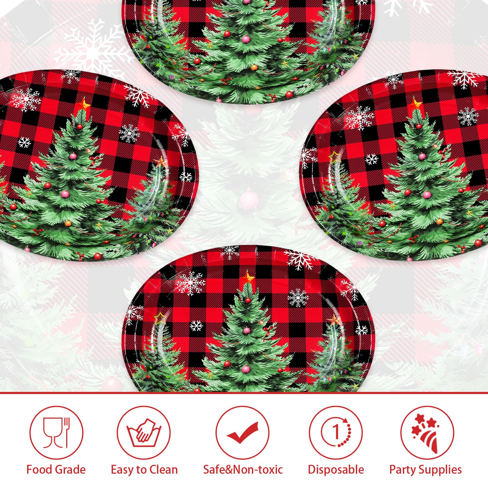50Pcs Red Black Plaid Xmas Tree Oval Paper Plates - Grencian