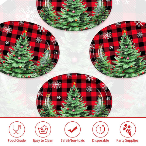 50Pcs Red Black Plaid Xmas Tree Oval Paper Plates - Grencian