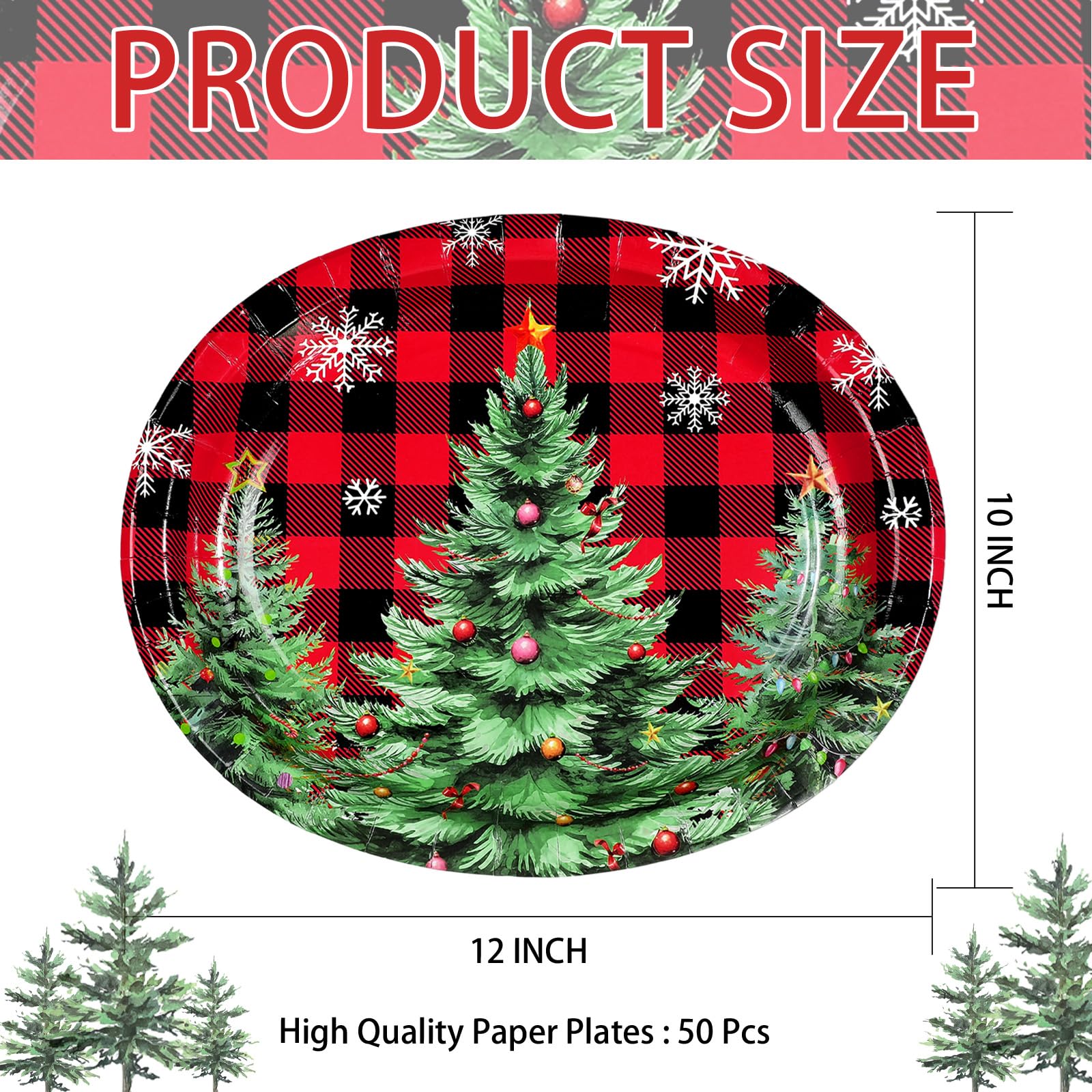 50Pcs Red Black Plaid Xmas Tree Oval Paper Plates - Grencian